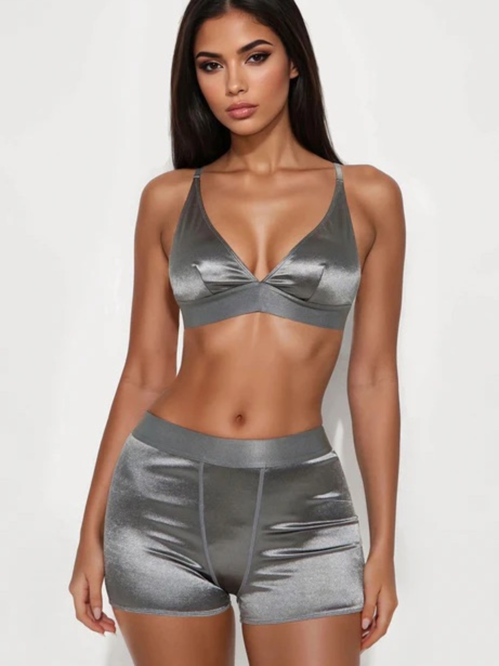 Fashion Nova You Can Look Plunge Neck Set - Gunmetal S